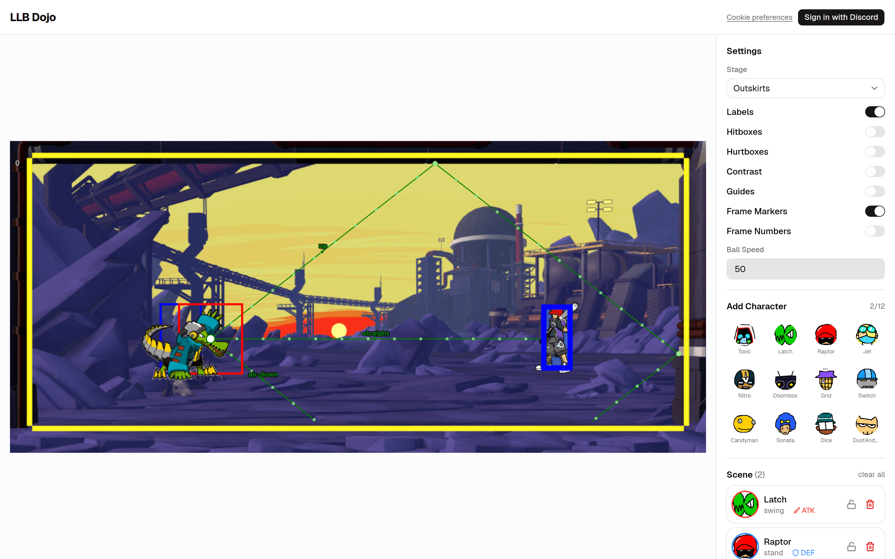 The sandbox mid-simulation, with characters placed, attack angles on, and trajectories drawn in SVG with arrows.